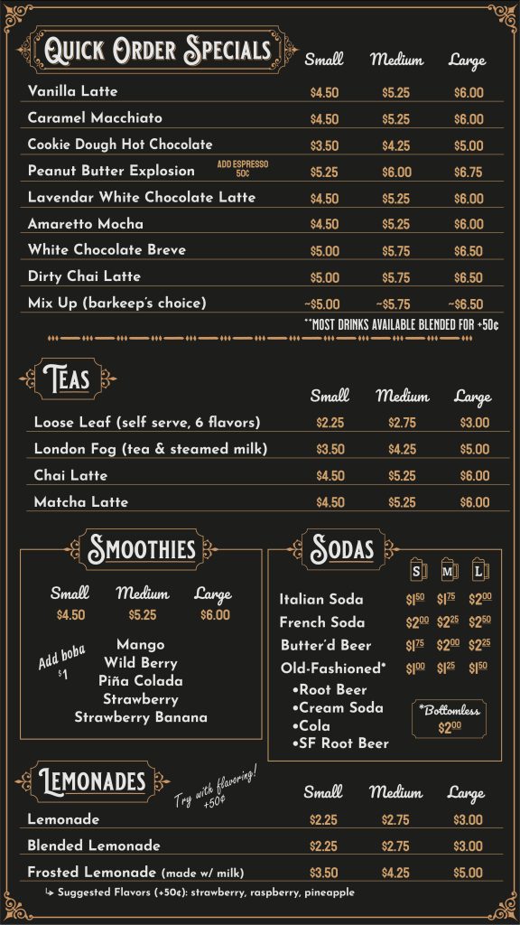 a price listing menu for lots of items that we offer